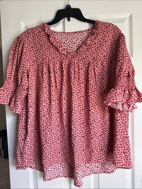 Women's Pink Ruffle-Neck Printed Blouse